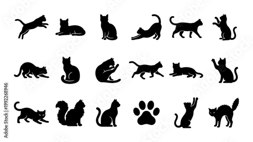 Black cat silhouettes collection, set of 17 feline vector icons in various poses, minimalist pet animal shapes and paw print for logo design