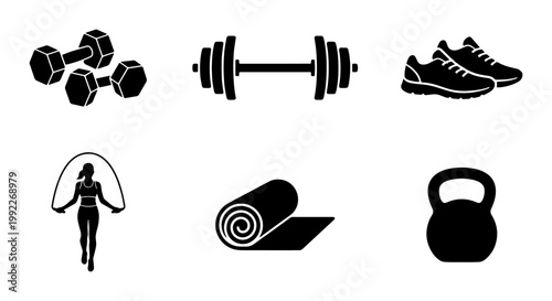 Fitness gym equipment icon set, black silhouette workout symbols, 6 vector elements for weightlifting and cardio training, sports gear graphics