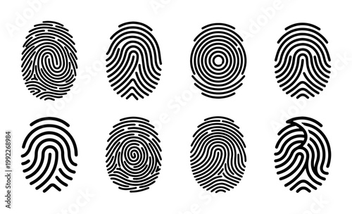 Biometric fingerprint icon set, black human thumbprint identification symbols, 8 vector finger print patterns for security and forensic analysis