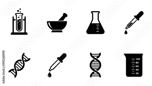 Science laboratory icons set, black chemistry equipment vector symbols, medical research and biology lab tools, 8 flat scientific elements