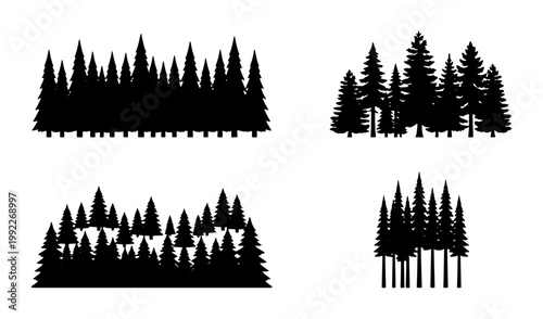 Pine tree forest silhouettes, black evergreen timberland vector set, coniferous woodland landscape elements for outdoor adventure branding