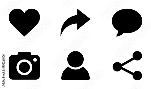 Minimalist social media icon set, black vector interface symbols including heart and camera, 6 digital communication elements for web design