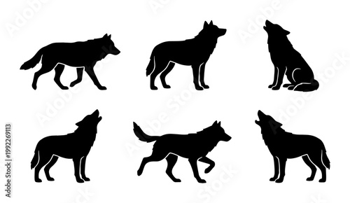 Black wolf silhouette set with 6 vector elements, howling wild wolf icons in various poses, predatory animal silhouettes for logos and nature designs