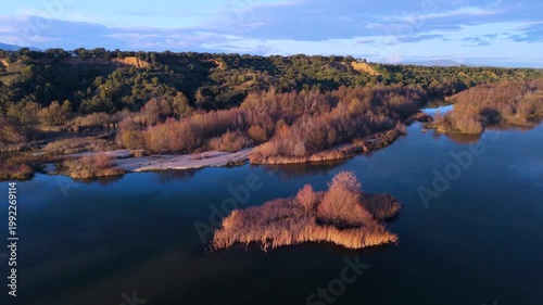 Aerial view from a drone of the Alberche River near the Cazalegas Reservoir, close to the town of Cazalegas. Province of Toledo. Castile-La Mancha. Spain. Europe