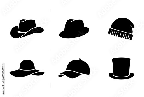 Minimalist hat silhouette set with 6 vector icons, black headwear collection including cowboy hat, fedora, beanie, sun hat, baseball cap and top hat