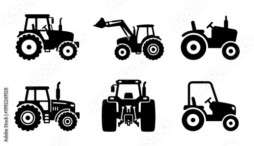 Agricultural tractor silhouette icons, set of 6 farming vehicle vectors, heavy machinery for agriculture and construction, black farm equipment symbols