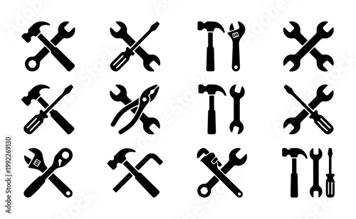 Industrial work tools icon set, black silhouette hardware equipment symbols, 12 vector repair and construction tool icons for maintenance and diy projects