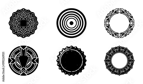 Vintage ornamental circle frames and mandalas, set of 6 black geometric vector icons, decorative art deco borders and radial symmetry emblems