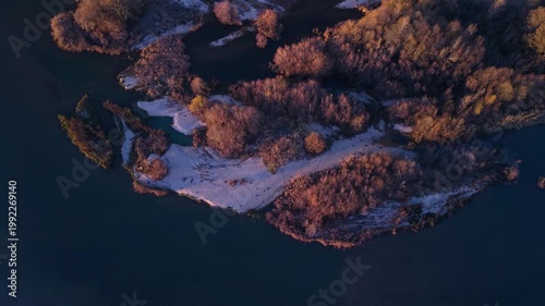Aerial view from a drone of the Alberche River near the Cazalegas Reservoir, close to the town of Cazalegas. Province of Toledo. Castile-La Mancha. Spain. Europe