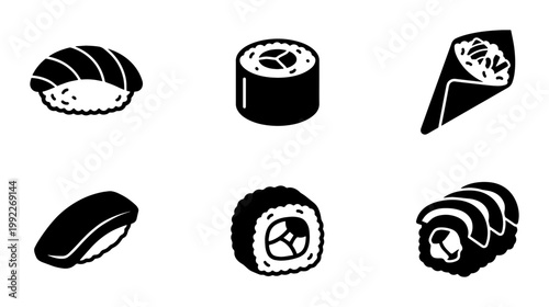 Minimalist sushi icon set, black and white Japanese food vector illustrations, 6 solid glyph icons of nigiri and maki rolls for restaurant menus