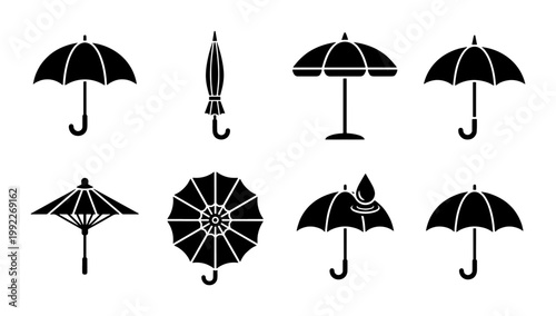 Black umbrella icon set with 8 vector elements, minimalist rain protection symbols, flat parasol and weather accessory silhouettes for web design