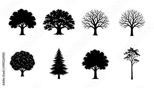Black tree silhouettes set, 8 forest tree icons in vector format, minimalist oak and pine tree shapes, isolated botanical nature elements