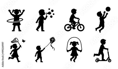 Active children playing silhouette icons, set of 8 kids outdoor activities, black vector symbols of childhood fun and physical exercise