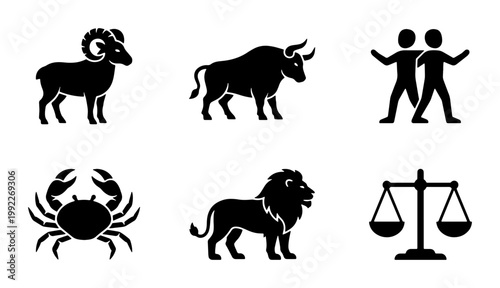 Zodiac signs black vector icons set, astrology horoscope symbols collection, minimalist celestial illustrations for spiritual branding and web design