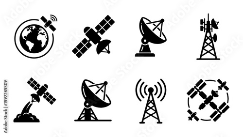 Satellite communication icons set, black telecommunication vector elements, space technology and radio antenna symbols for global network connectivity