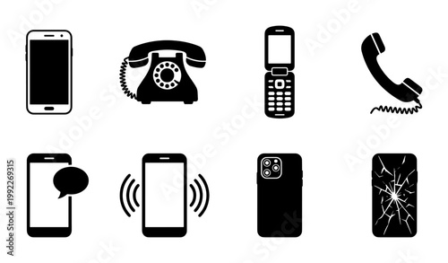 Vintage and modern telephone icons set, black mobile phone silhouettes, 8 communication vector elements including rotary phone and broken screen