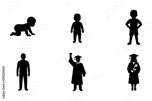 Human life cycle silhouettes, 6 vector icons of aging process from baby to graduate, black people figures showing growth and education stages