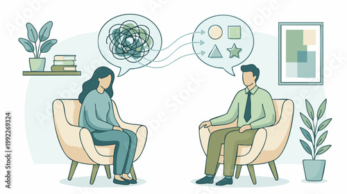 Therapy session illustration: therapist helps patient organize complex thoughts