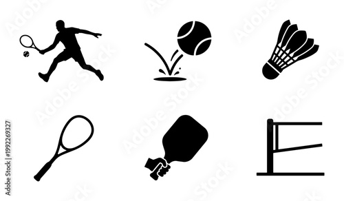Racket sports icon set with tennis player and equipment, 6 black vector silhouettes, badminton shuttlecock and pickleball paddle graphics