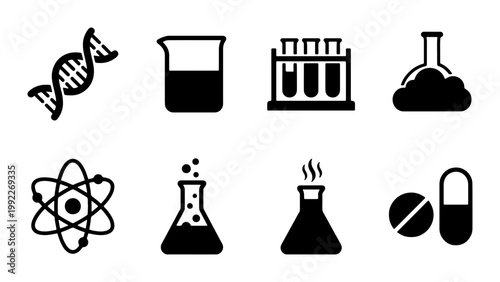 Science laboratory icon set, black flat vector chemistry symbols, medical research and biotechnology equipment collection, 8 pharmaceutical icons