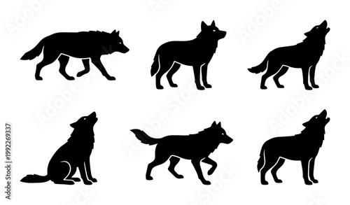 Wolf silhouette vector set with 6 icons, black wild animal shapes in howling and walking poses, minimalist timber wolf profile graphics for logos