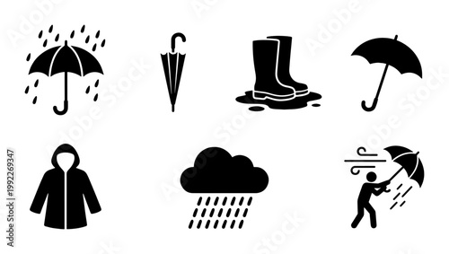 Rainy weather icon set with black silhouettes, waterproof clothing and umbrella vector collection, autumn storm and rainy day symbols