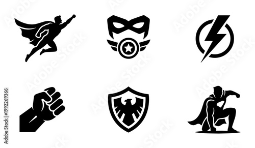 Superhero silhouette icon set, comic book hero symbols and mascots, black minimalist power emblems, 6 vector graphic elements for gaming and branding