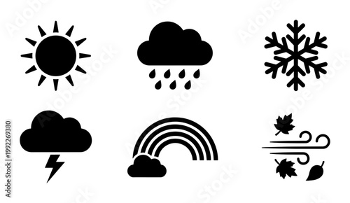 Minimalist weather icon set with 6 black vector symbols, meteorology forecast signs for sun rain and snow, simple climate interface elements