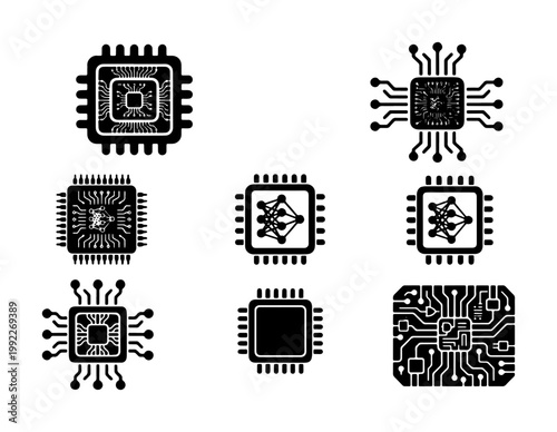 Electronic microchip vector icons set, black computer processor silhouettes, circuit board hardware components, 8 digital cpu and gpu symbols