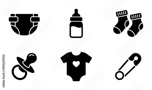 Baby care icon set with 6 black solid vector symbols, newborn essentials collection including diaper and feeding bottle, infant clothing and nursery accessories