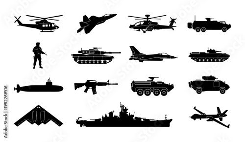Military vehicle silhouettes set, 16 army icons including tanks, fighter jets, and warships. Black war equipment vector collection for tactical design.