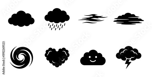 Black weather cloud icons set, minimalist storm and rain vector symbols, flat meteorology signs for mobile app interface and forecast design