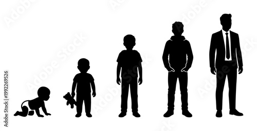 Human life cycle silhouettes showing male aging process, set of 5 male growth stages from baby to adult man, human evolution and development vector