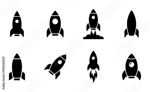 Minimalist rocket ship icon set, black space shuttle silhouettes, 8 vector startup launch symbols for business growth and technology projects
