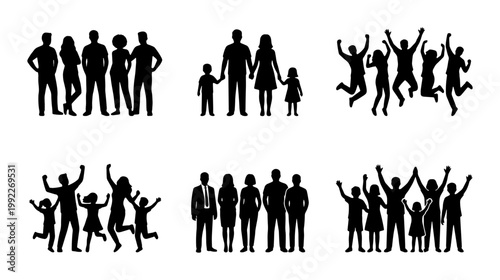 Black silhouette people collection, diverse family and business group silhouettes, jumping happy crowd vector set for community and teamwork concepts
