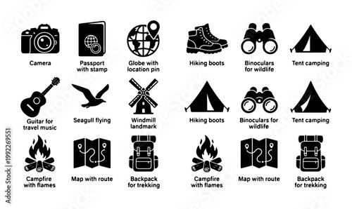 Camping and travel icon set, 18 black silhouette outdoor adventure symbols, hiking and trekking equipment vector collection for tourism maps