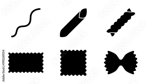 Italian pasta shapes silhouette icon set, black vector food elements including penne and farfalle, traditional dry noodle varieties for menu design