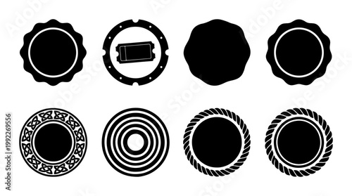 Vintage black seal stamps and circular badge icons, set of 8 decorative vector labels, retro ornamental round frames for branding and logos