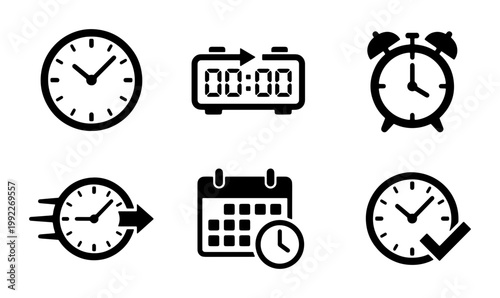 Konstfotografi Minimalist time and clock icon set, 6 black vector symbols for schedule manageme