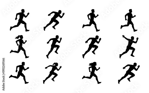 Running man and woman silhouettes, set of 12 athlete vector icons, black jogging and sprinting figures, marathon runners in motion