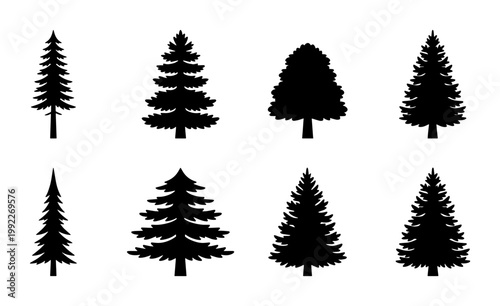 Pine tree silhouette collection, set of 8 evergreen conifer icons, black forest fir and spruce vector elements for outdoor adventure branding
