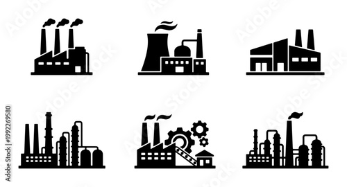 Industrial factory icon set, black silhouette manufacturing plant buildings, 6 vector elements for energy and production infographics