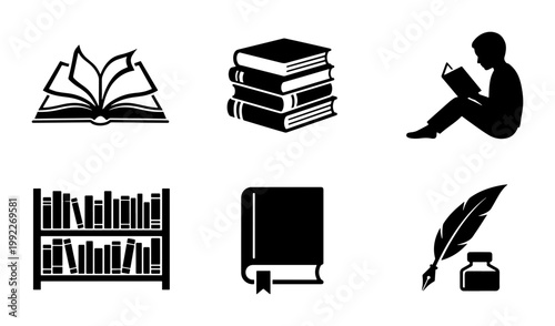 Black book icons set, library and literature symbols, reading boy silhouette and quill pen with inkwell, 6 education vector elements