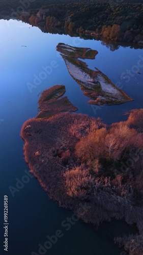 Aerial view from a drone of the Alberche River near the Cazalegas Reservoir, close to the town of Cazalegas. Province of Toledo. Castile-La Mancha. Spain. Europe
