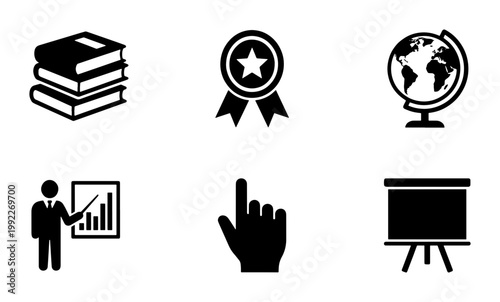 Education and learning icon set, black flat vector symbols for school and academic study, 6 professional university icons for web design