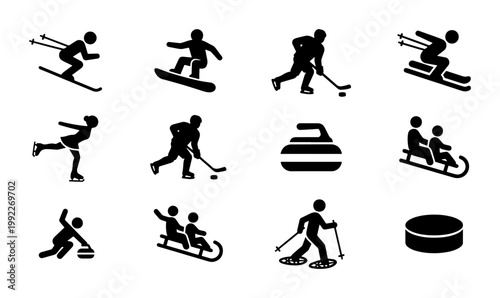 Winter sports icon set with 12 black vector pictograms, professional athlete silhouettes for skiing and ice hockey, minimalist olympic game symbols