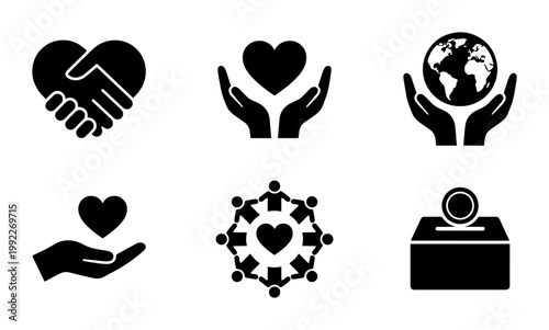 Charity and donation icon set, 6 black vector symbols for non-profit organizations, community support and global philanthropy elements