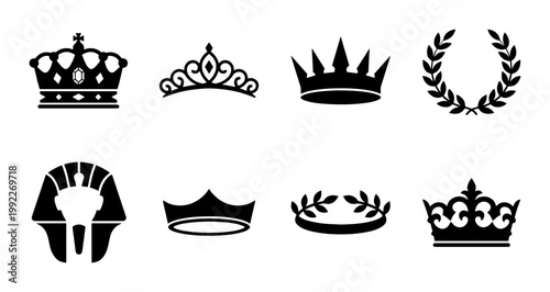 Royal crown icons set, black silhouette tiara and laurel wreath collection, 8 vector heraldic symbols, ancient pharaoh headdress and majestic headwear