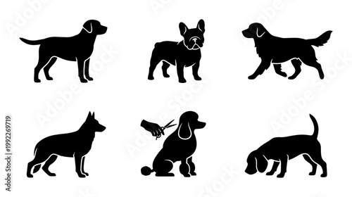 Minimalist dog breed silhouette icons, black canine profile vector set, professional pet grooming and veterinary clinic graphics, 6 animal elements