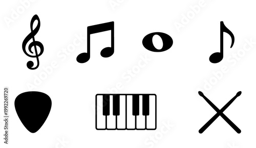 Minimalist music icons set with 7 black vector elements, musical notes and treble clef symbols, piano keys and drumsticks silhouettes for audio design